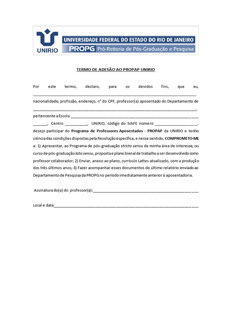 Termo de Adesão ao PROPAP UNIRIO 2025 | PDF
