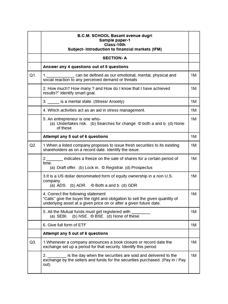 Class 10 IFM Sample Paper 1 | PDF | Securities (Finance) | Stocks