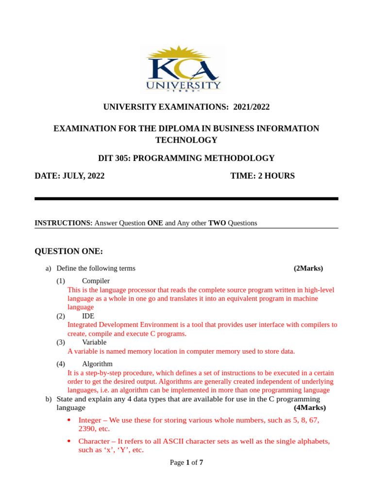 DIT 305 PROGRAMMING METHODOLOGY - July 2022 Exam Sat | PDF ...