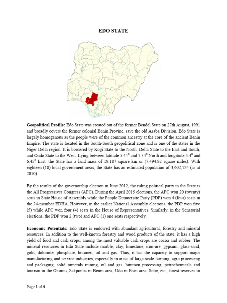 Edo State: Governance and Economic Overview | PDF | Economies