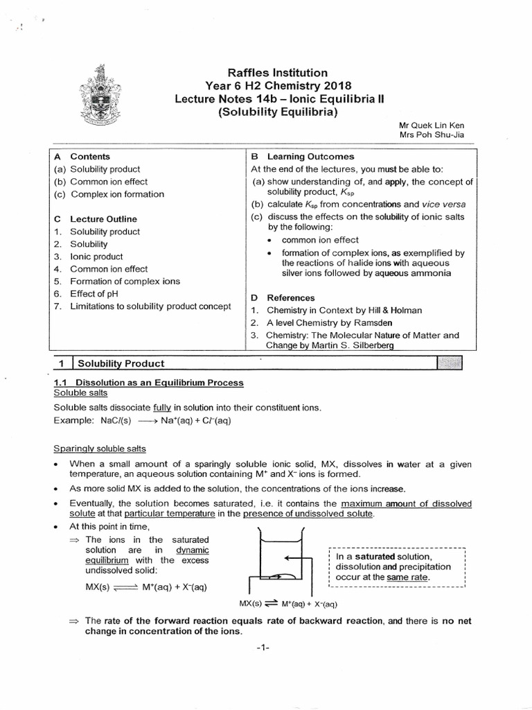Lecture Notes 14b - Ionic Equilibria II Solubility Equilibria | PDF