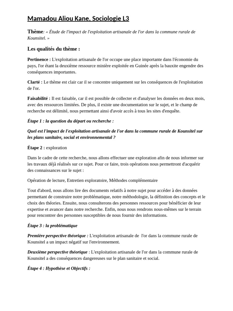 Impact de l'exploitation artisanale de l'or à Kounsitel | PDF