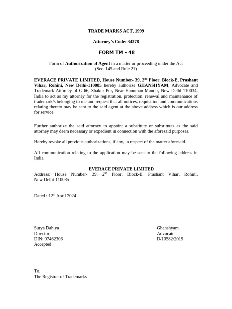 Trademark Agent Authorization Form | PDF