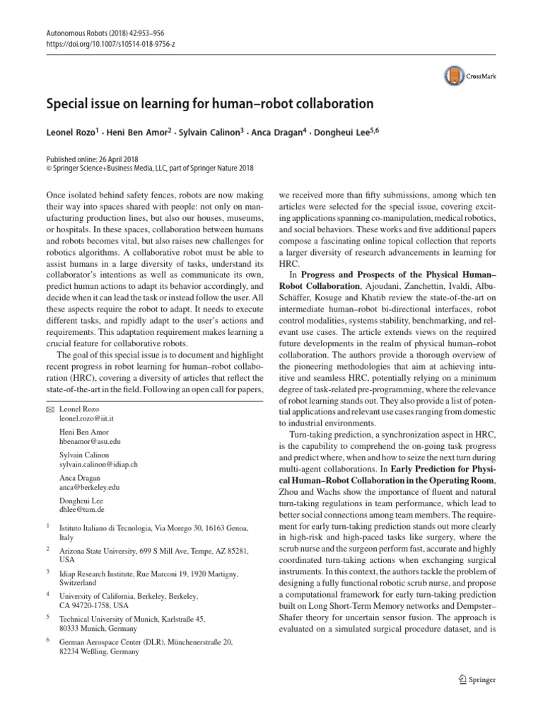 Learning for Human-Robot Collaboration | PDF | Robot | Robotics