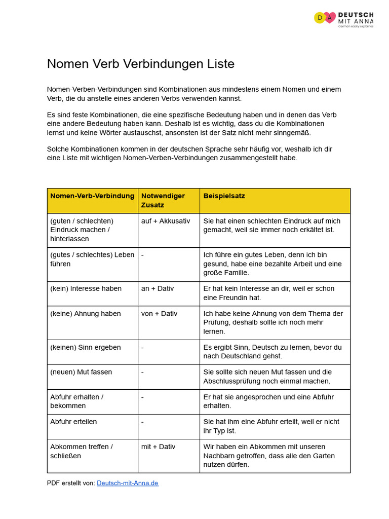 Nomen Verb Verbindungen Liste | PDF