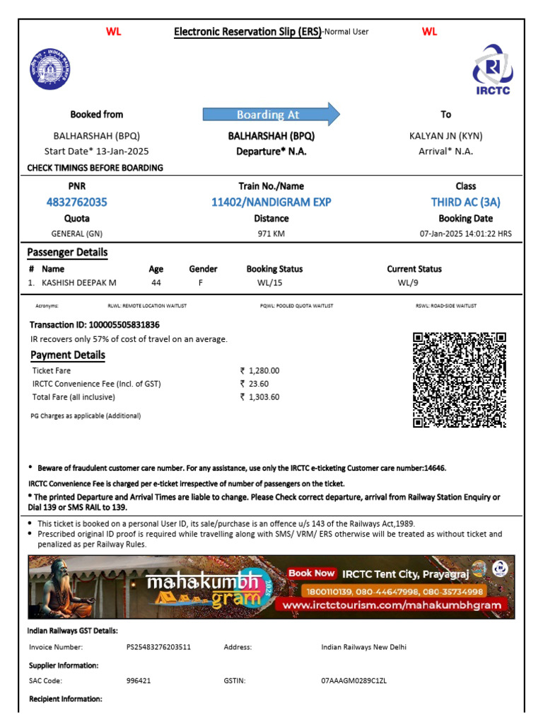 IRCTC Waitlisted Ticket Details | PDF | Identity Document | Payments