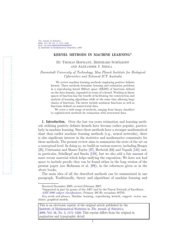 Kernel Methods in Machine Learning | PDF | Convolution | Mathematical ...