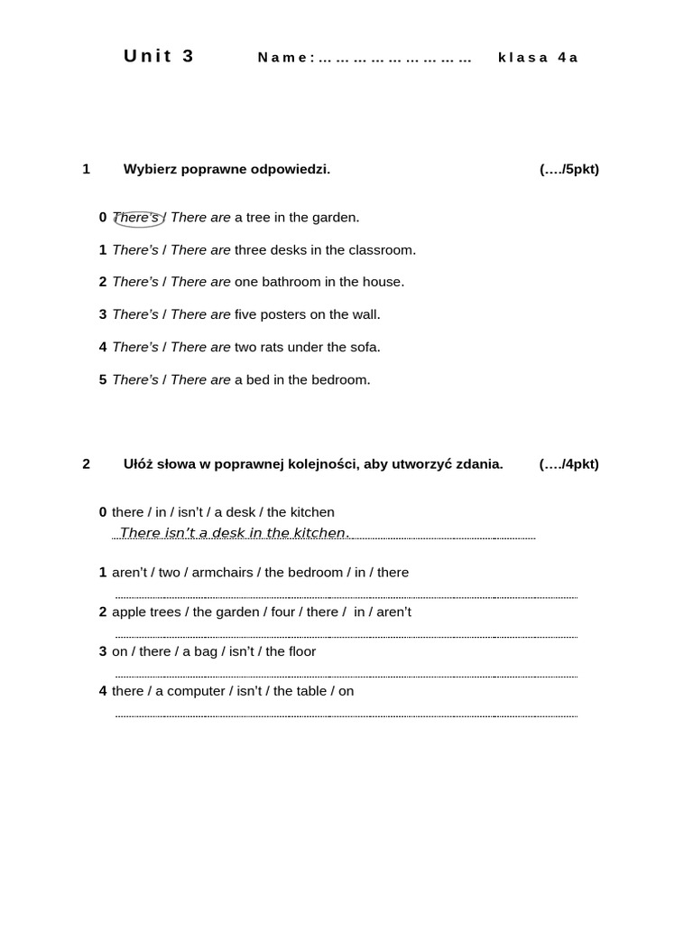 Test Unit 3 Angielski Klasa 4 | PDF