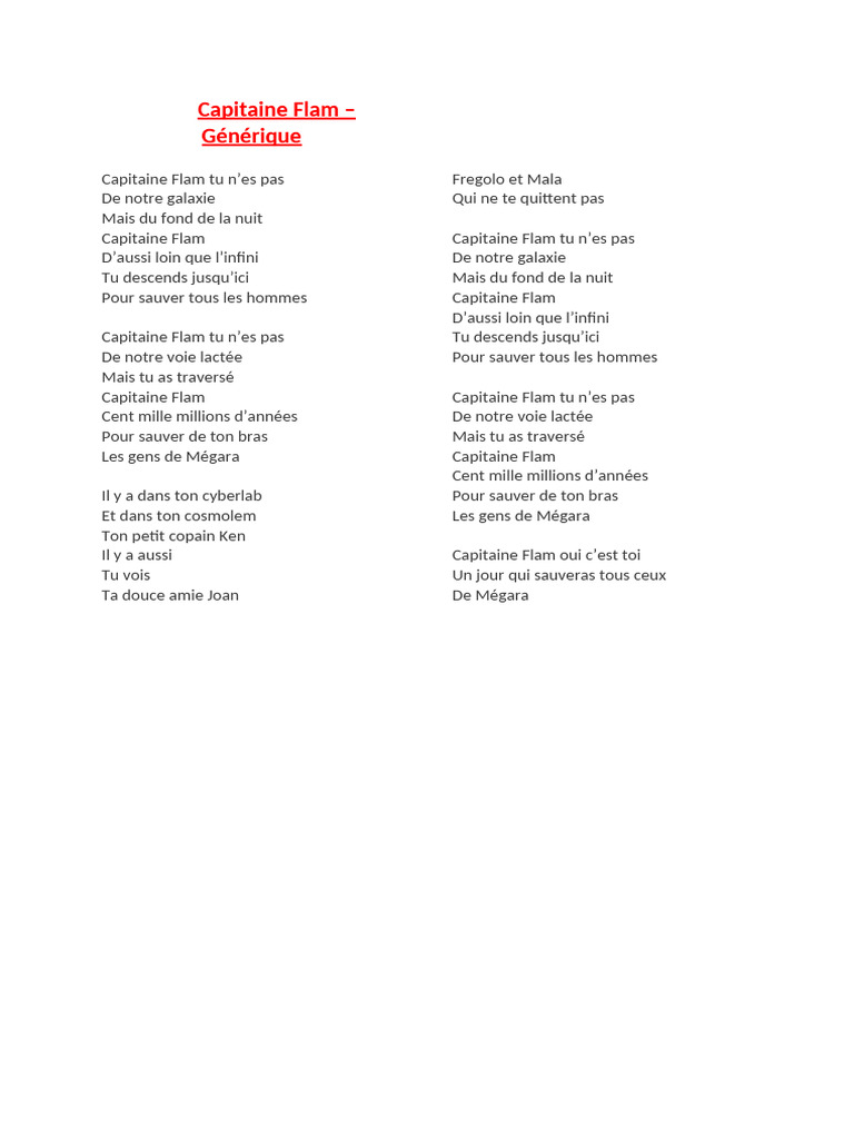 Paroles de Capitaine Flam | PDF