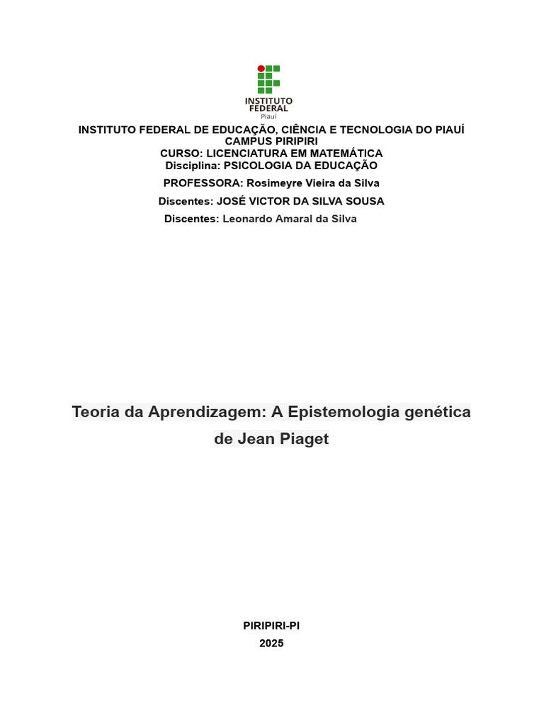 Teoria da Aprendizagem de Piaget | PDF | Aprendizado | Pensamento