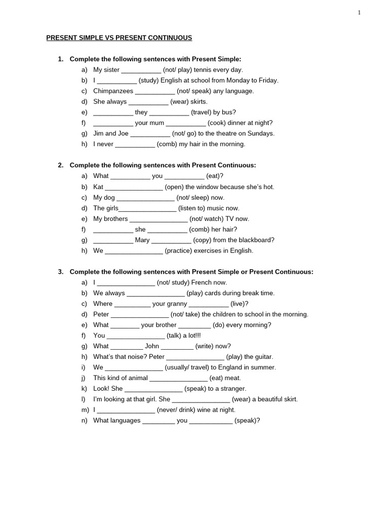 Present Simple vs. Present Continuous Exercises | PDF
