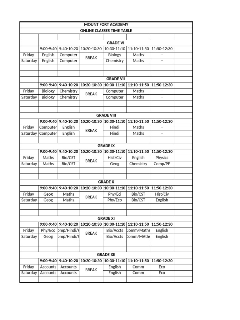 Online Classes Time Table | PDF