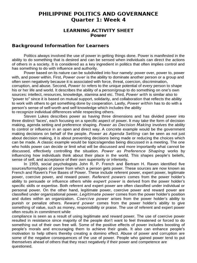 Week 4 pdf power social and political behavior modification