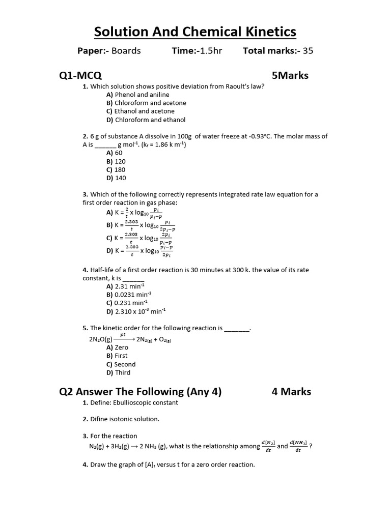 Solution And Chemical Kinetics Pdf Reaction Rate Constant