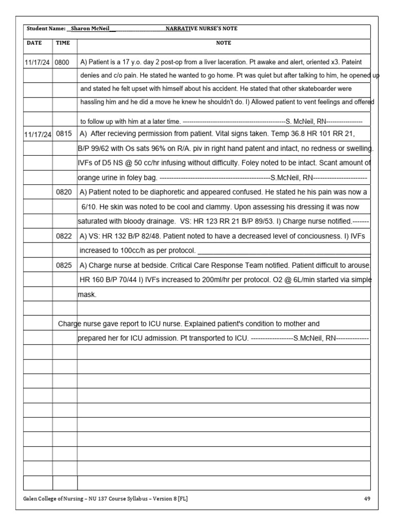 Nurse Narrative Note Example | PDF | Clinical Medicine | Medicine
