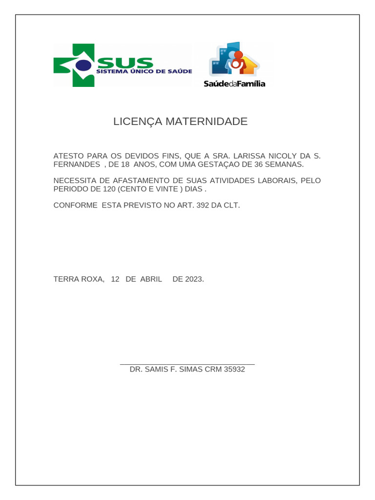 Atestado de Licença Maternidade | PDF