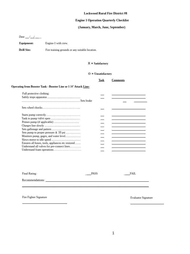 Engine 1 Quarterly Operation Checklist | PDF | Pump | Equipment