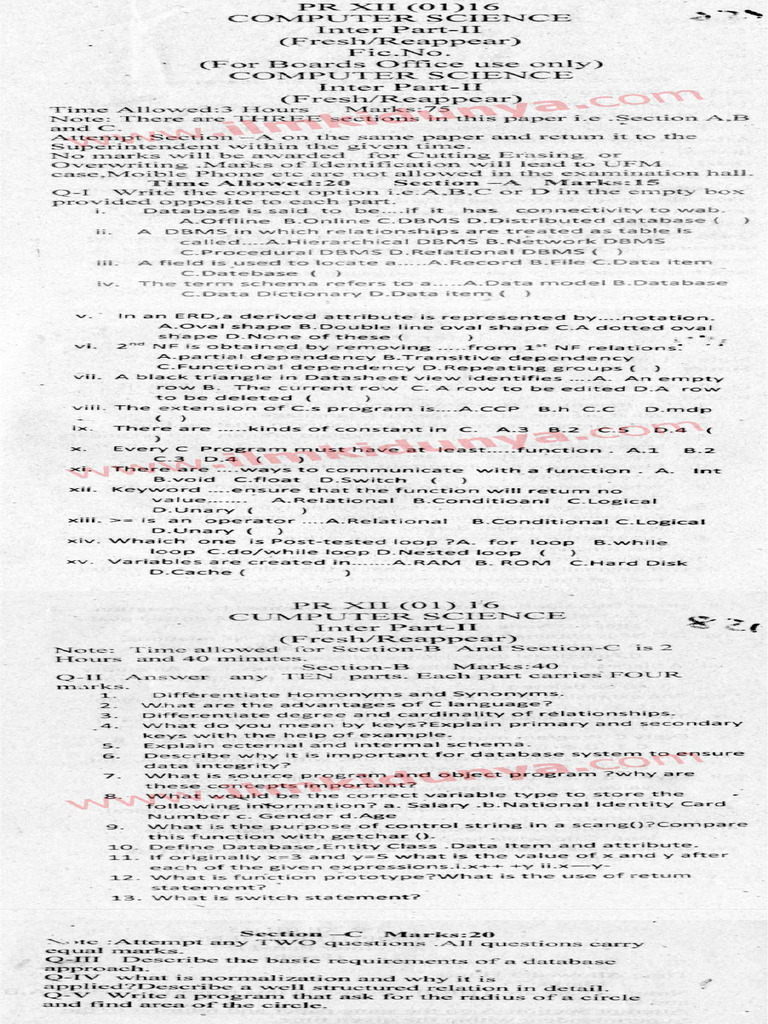 Past Papers 2016 Peshawar Board FSC Part 2 Computer Science English ...