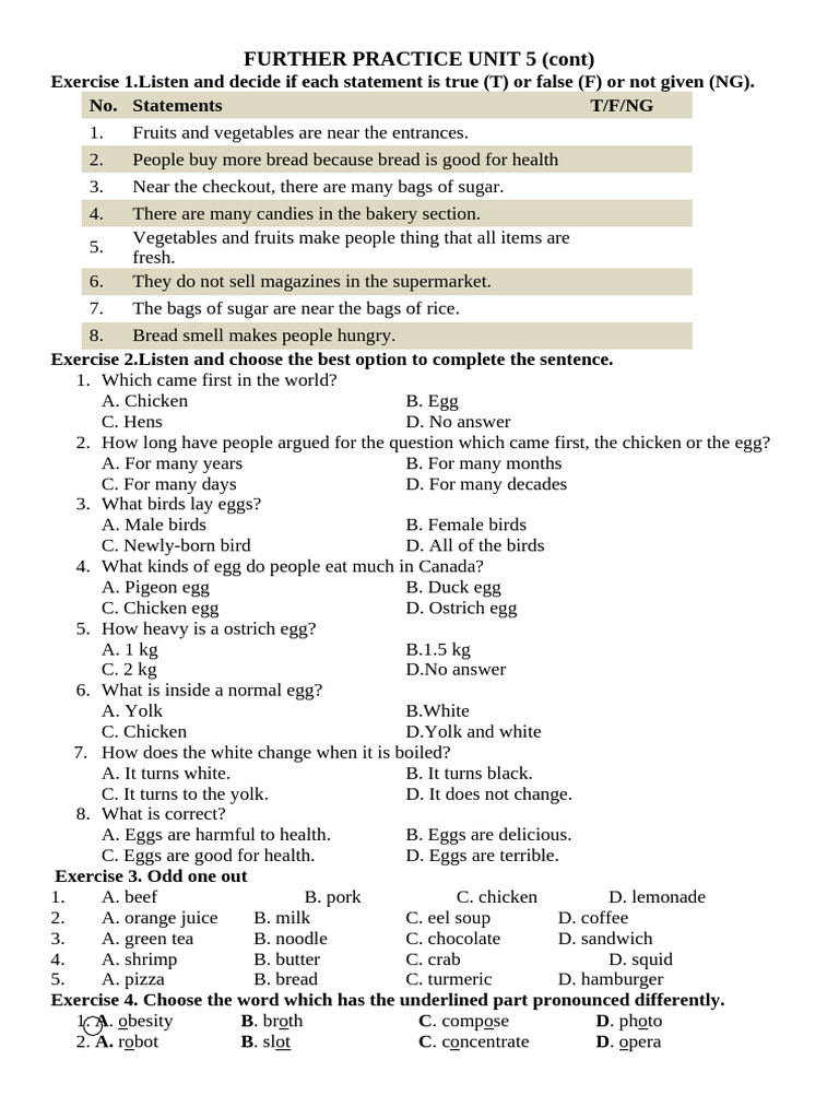 Further Practice Unit 5 | PDF | Meal | Foods