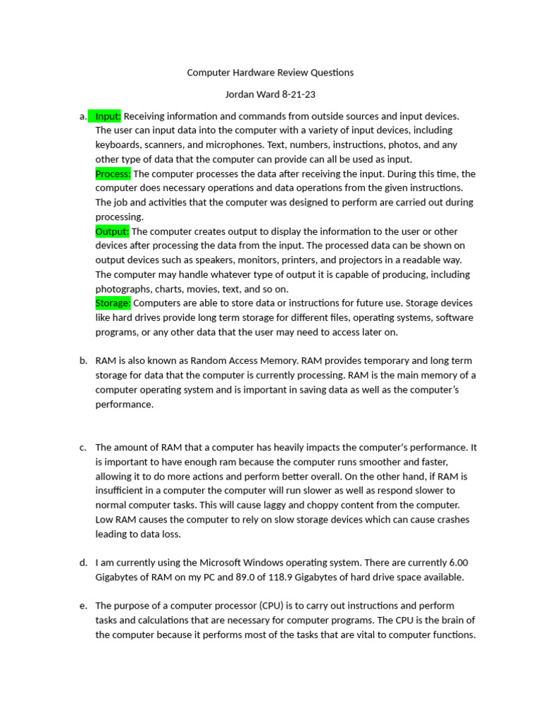 Computer Hardware Review Questions Pdf Input Output Computer Data