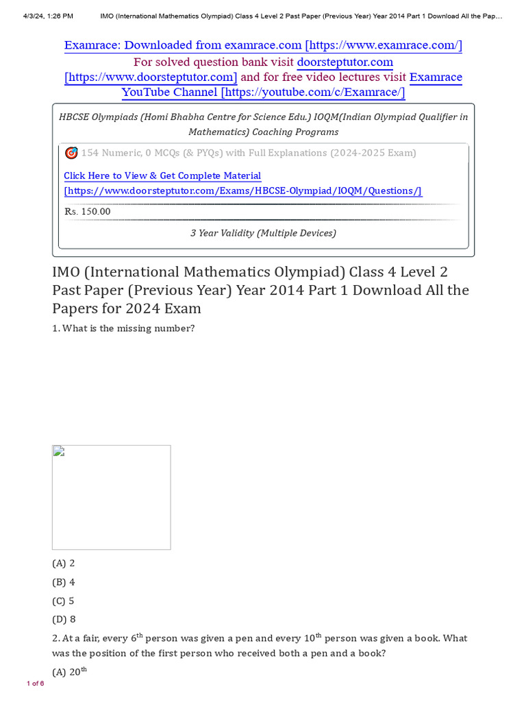 IMO Class 4 Level 2 Year 2014 Part 1 | PDF
