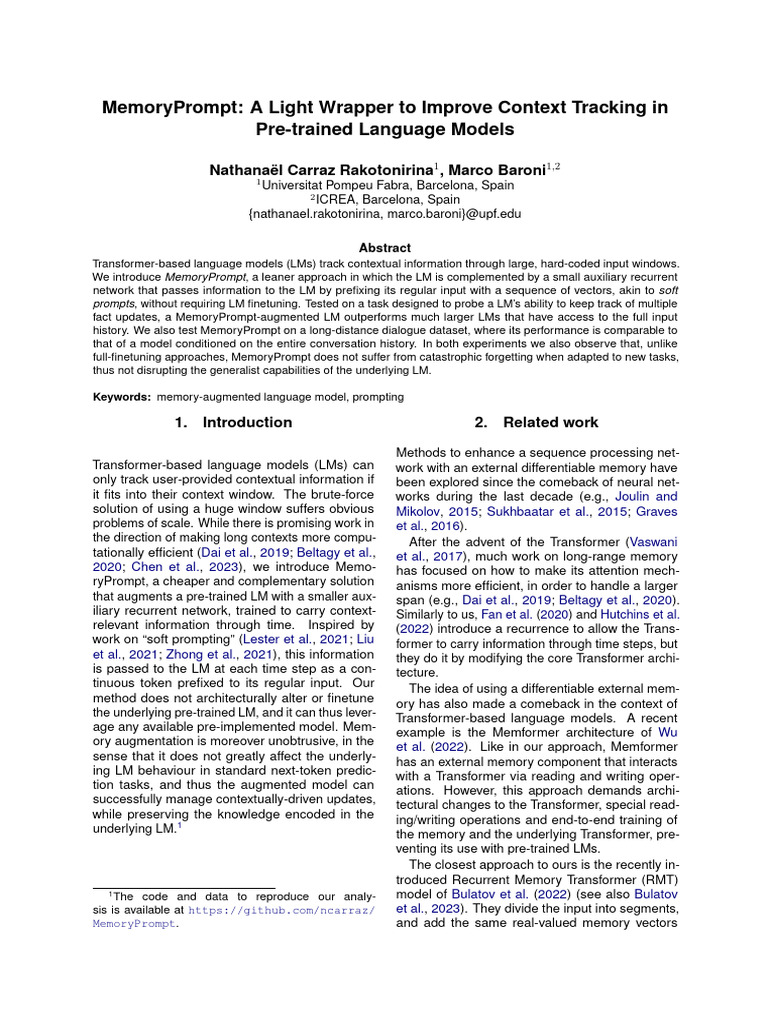 Enhancing Context Tracking with MemoryPrompt | PDF | Applied ...
