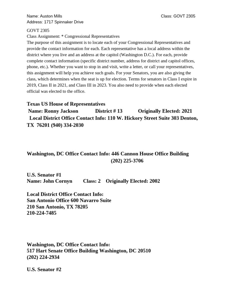 Congressional Representatives Contact Info | PDF