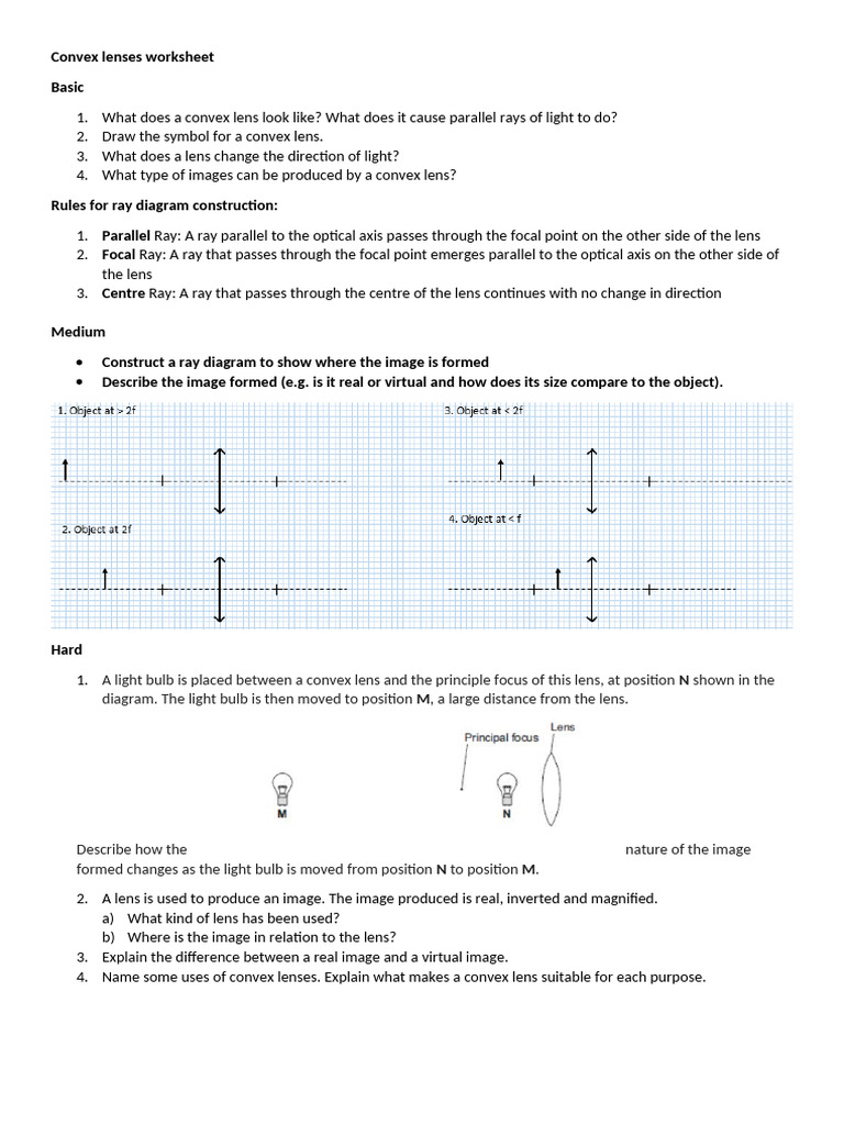 Convex Lens Worksheet and Ray Diagrams | PDF