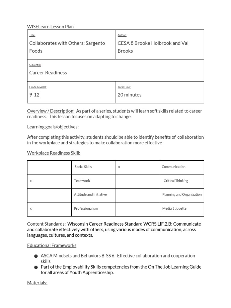 Lesson Plan - Collaborates With Others Sargento Foods | PDF | Learning ...