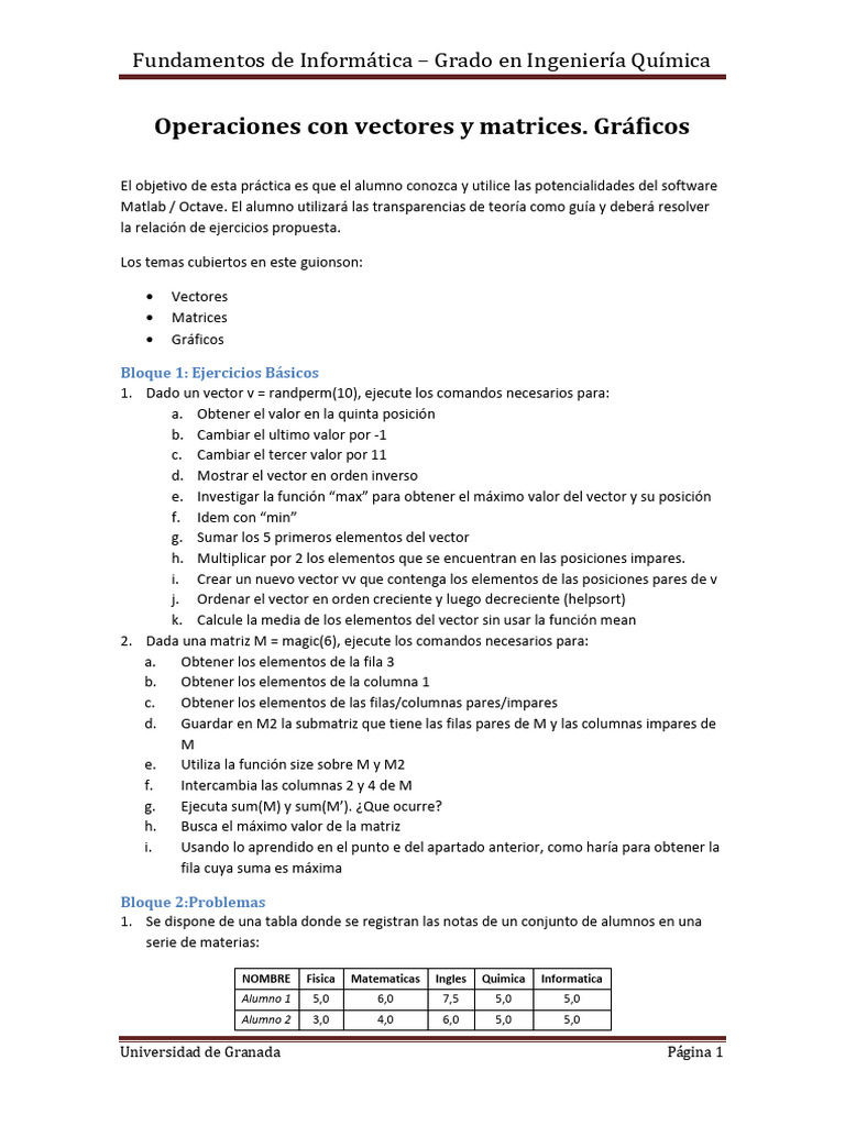 Ejercicios de Matlab: Vectores y Matrices | PDF | Matriz (Matemáticas ...