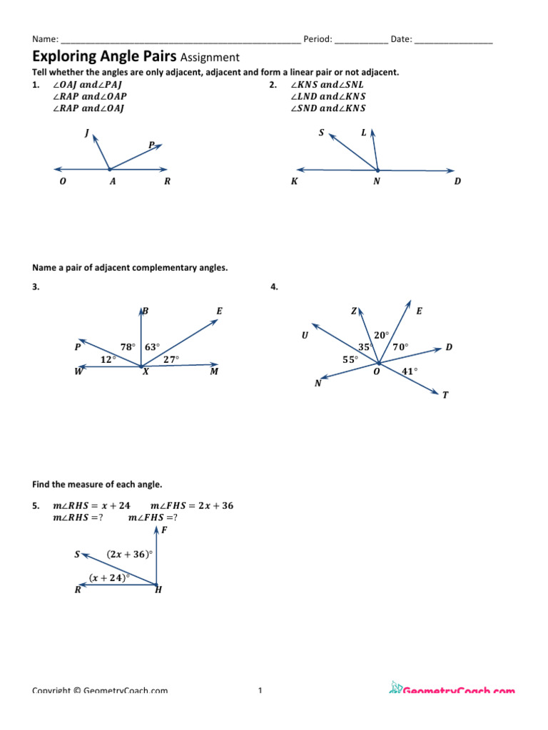 1 5 Assignment TE Exploring Angle Pairs | PDF | Angle | Elementary Geometry