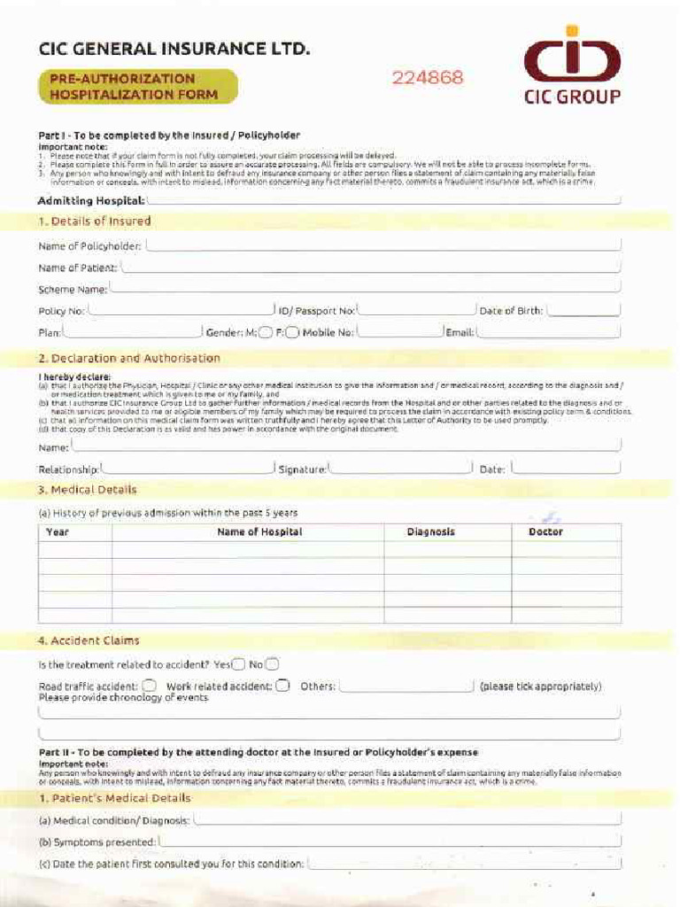 Cic Preauth | PDF