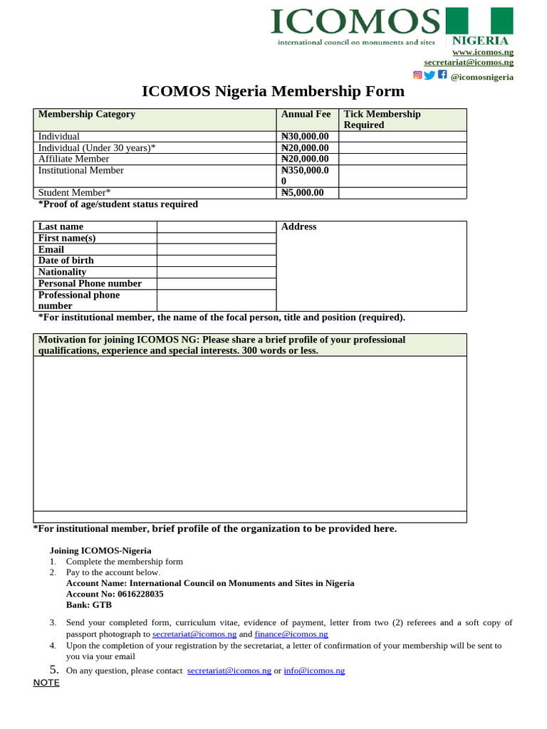ICOMOS Nigeria Membership Details | PDF