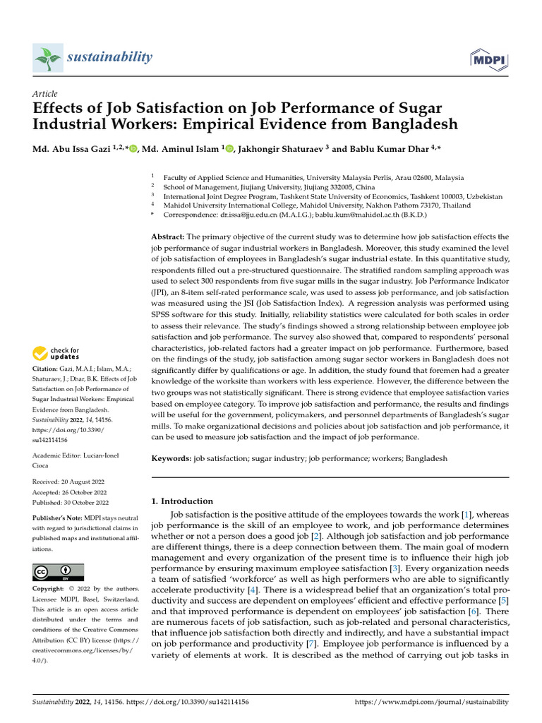 Effects of Job Satisfaction On Job Performance of Sugar Industrial ...