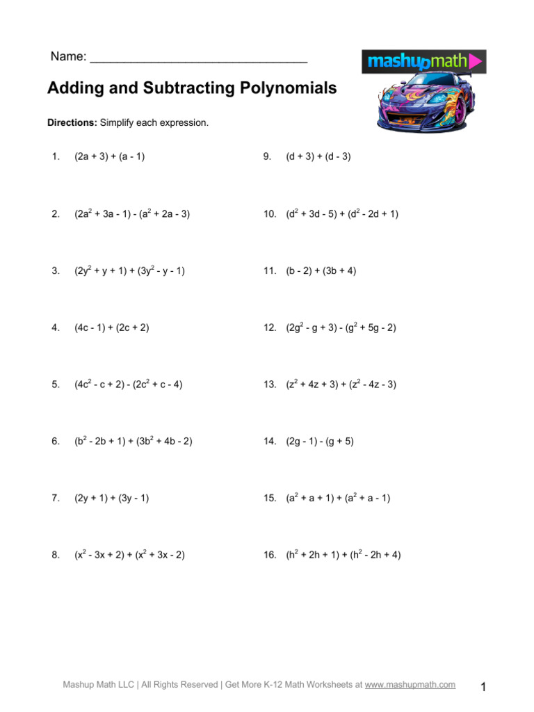 Adding+and+Subtracting+Polynomials+(A) | PDF