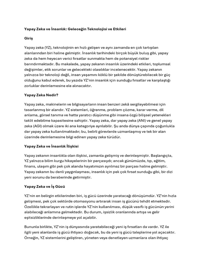 Yapay Zeka Ve İnsanlık: Geleceğin Teknolojisi Ve Etkileri | PDF
