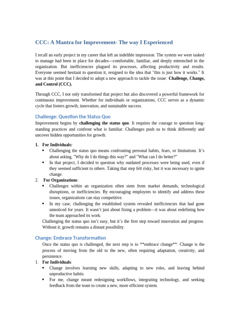 CCC Framework for Continuous Improvement | PDF | Innovation | Goal Setting