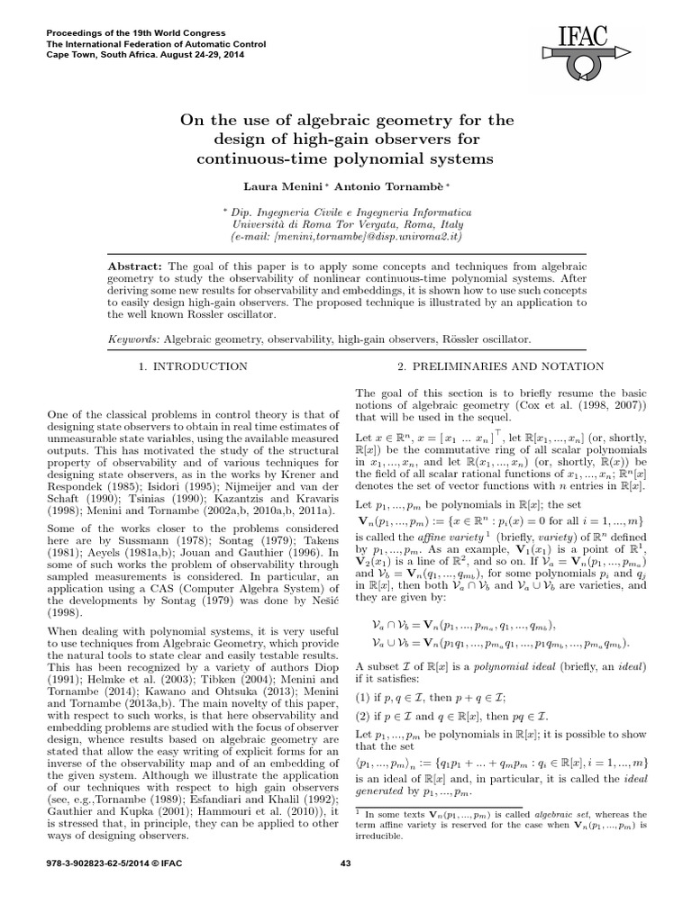 Algebraic Geometry in Observer Design | PDF | Mathematics | Polynomial