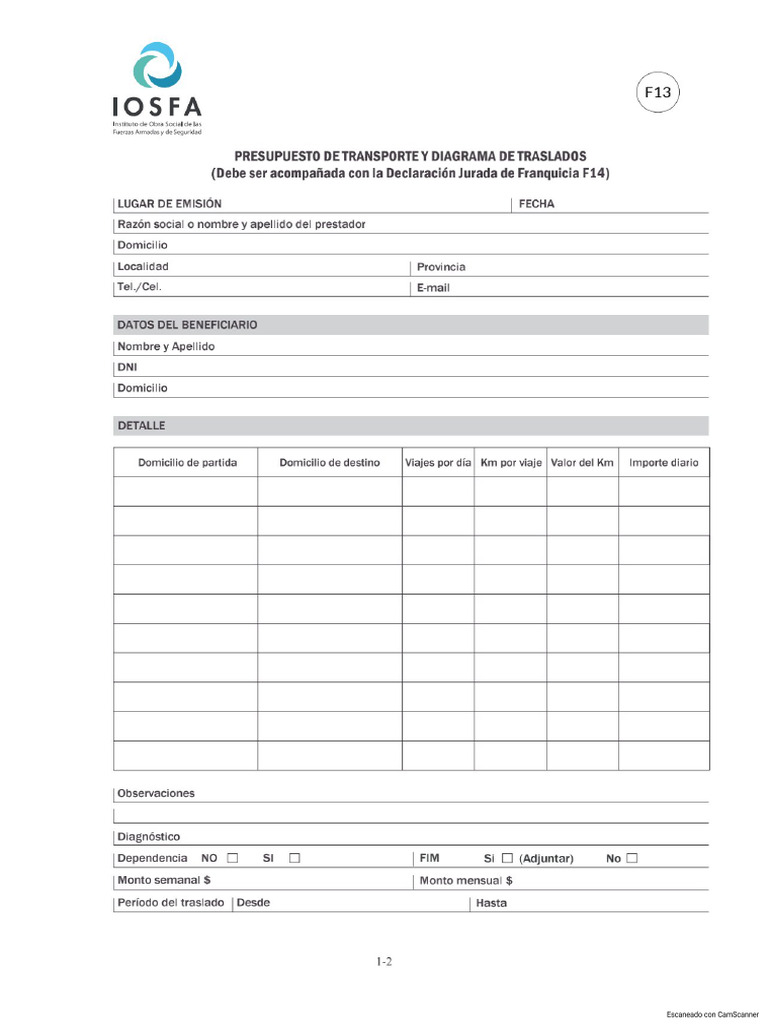 f13 Presupuesto de Transporte y Diagrama de Traslados | PDF