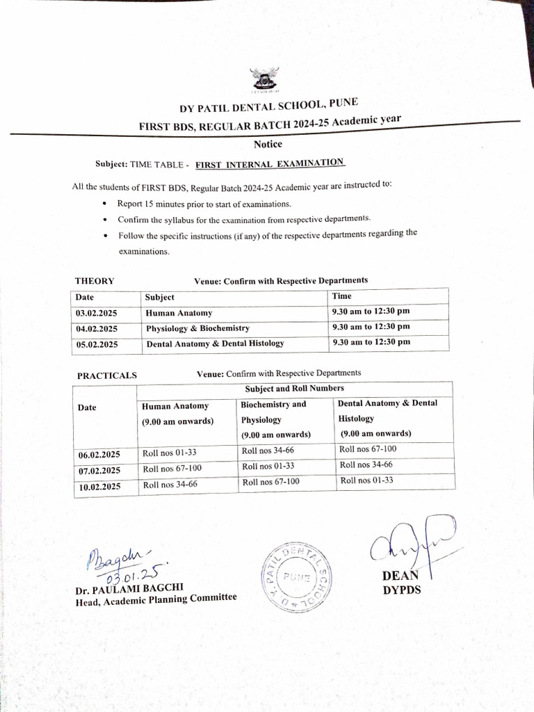 BDS 2024-25 Exam Timetable & Instructions | PDF