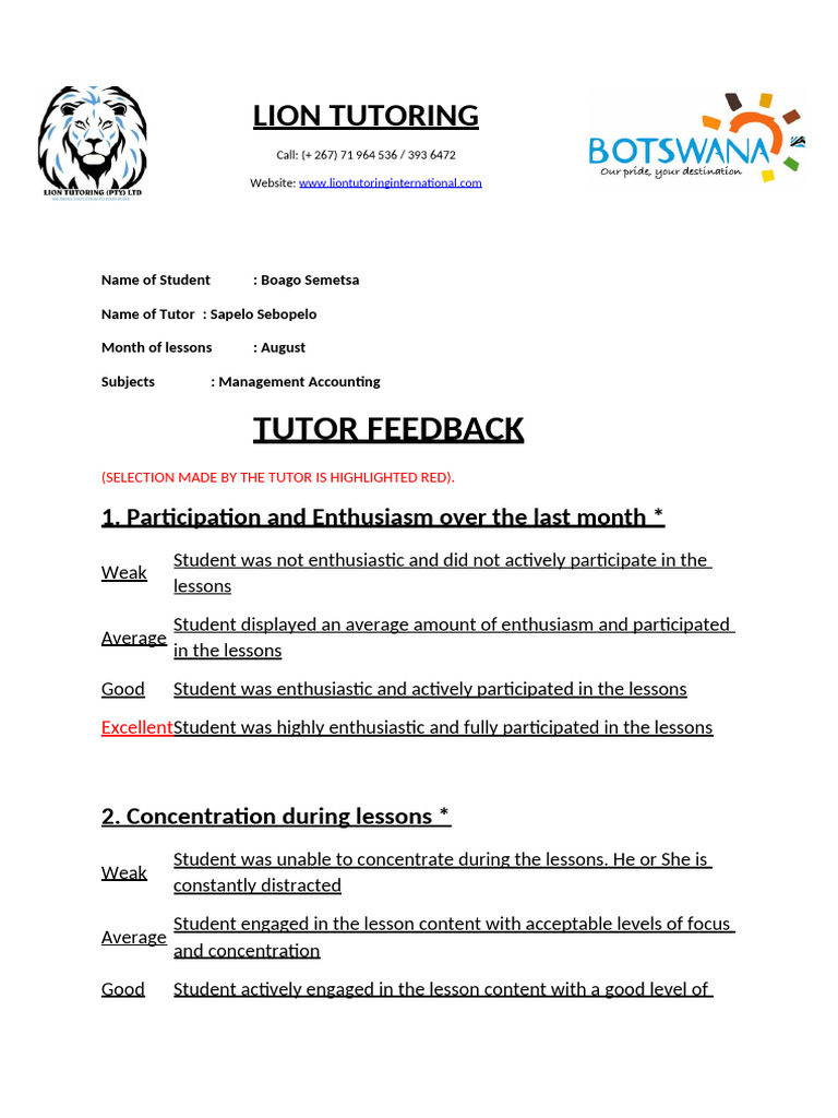 Tutor Feedback Report Boago August | PDF | Learning | Cognition