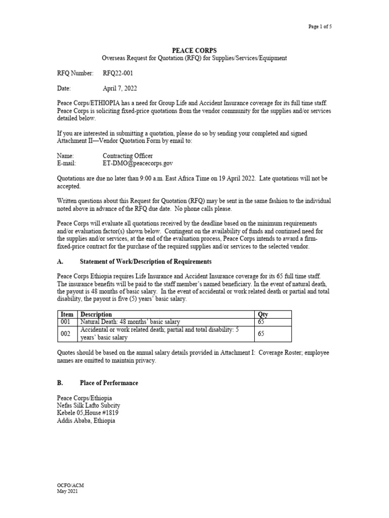 Insurance RFQ for Peace Corps Ethiopia | PDF | Salary | Insurance