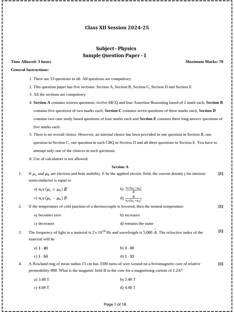 12th Physics Sample Paper | PDF | Electromagnetic Radiation | Electron