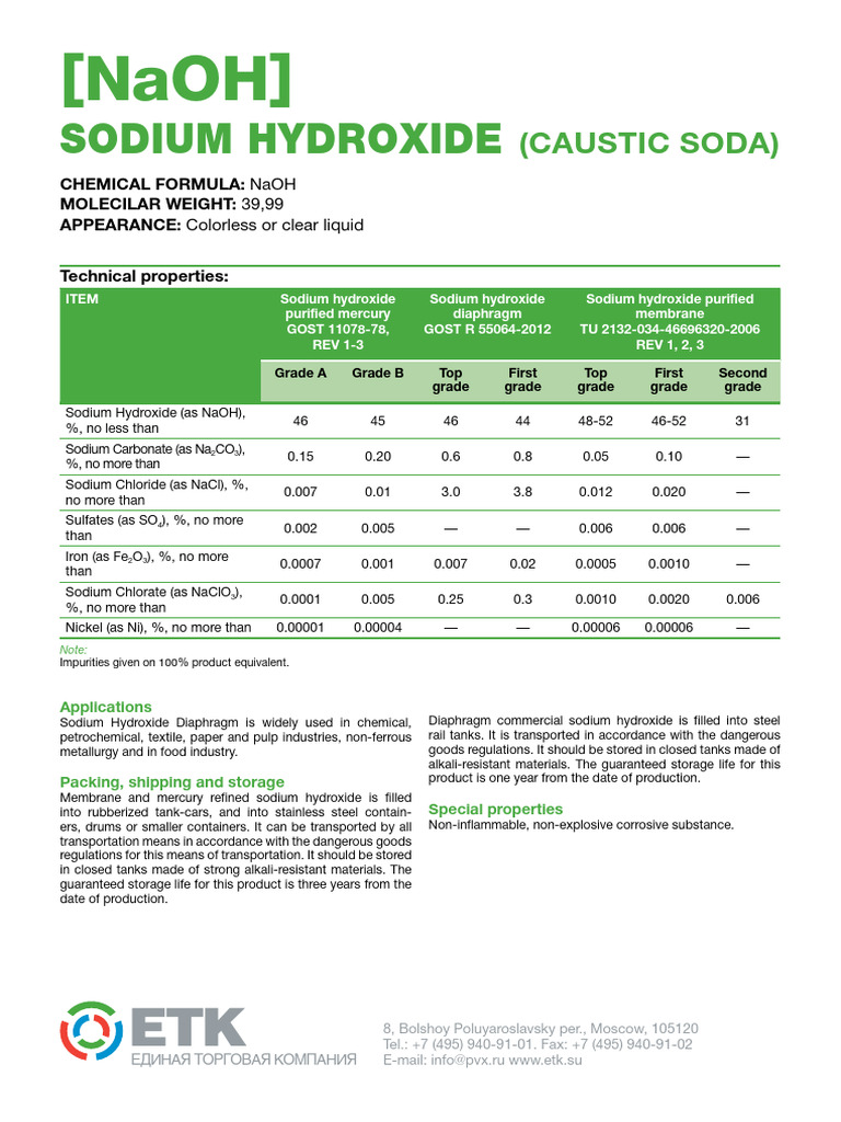 Sodium Hydroxide Specifications & Uses | PDF | Sodium Hydroxide | Sodium