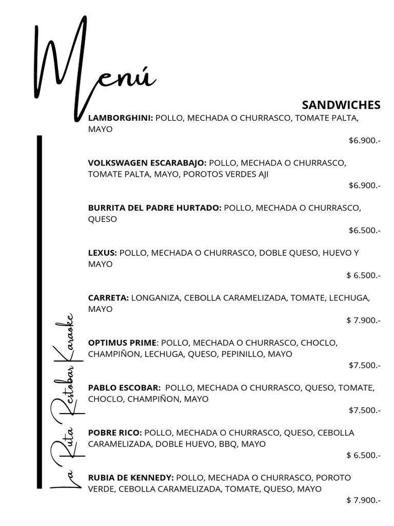 Menú de Restobar Blanco y Negro | PDF | Alimentos | Cocina