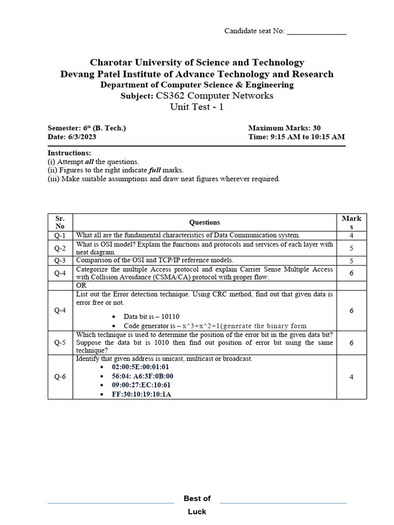 2023 March Unit Test 1 CSE | PDF | Osi Model | Channel Access Method