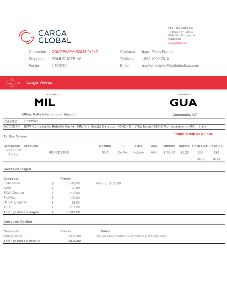 Cotización Aereo - GT - CGMEPIMPAIR2023-01242 | PDF | Mercado de ...