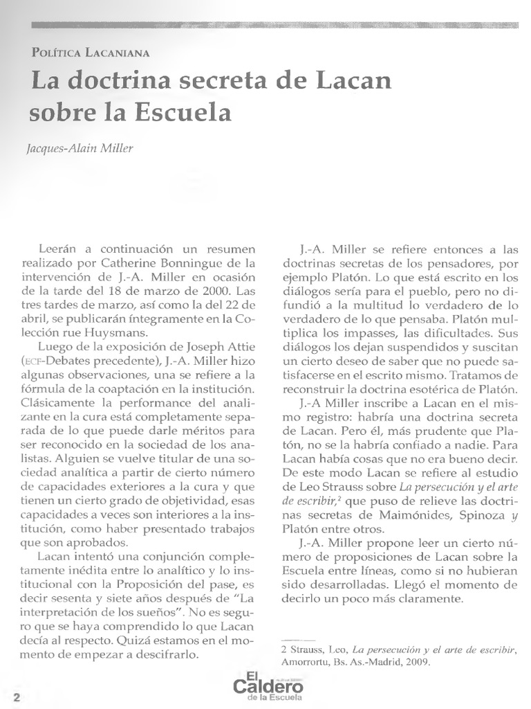 La Doctrina Secreta de Lacan Sobre La Escuela - Miller, Jacques-Alain ...