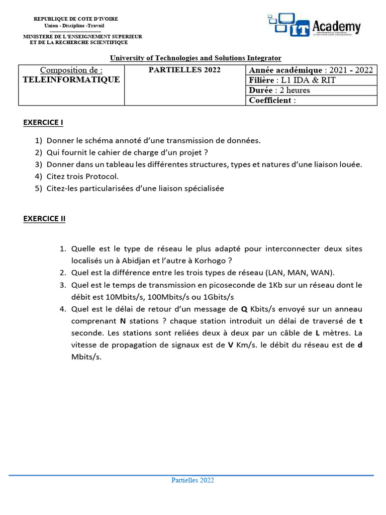 Partiel 2022 en Téléinformatique L1 IDA & RIT | PDF