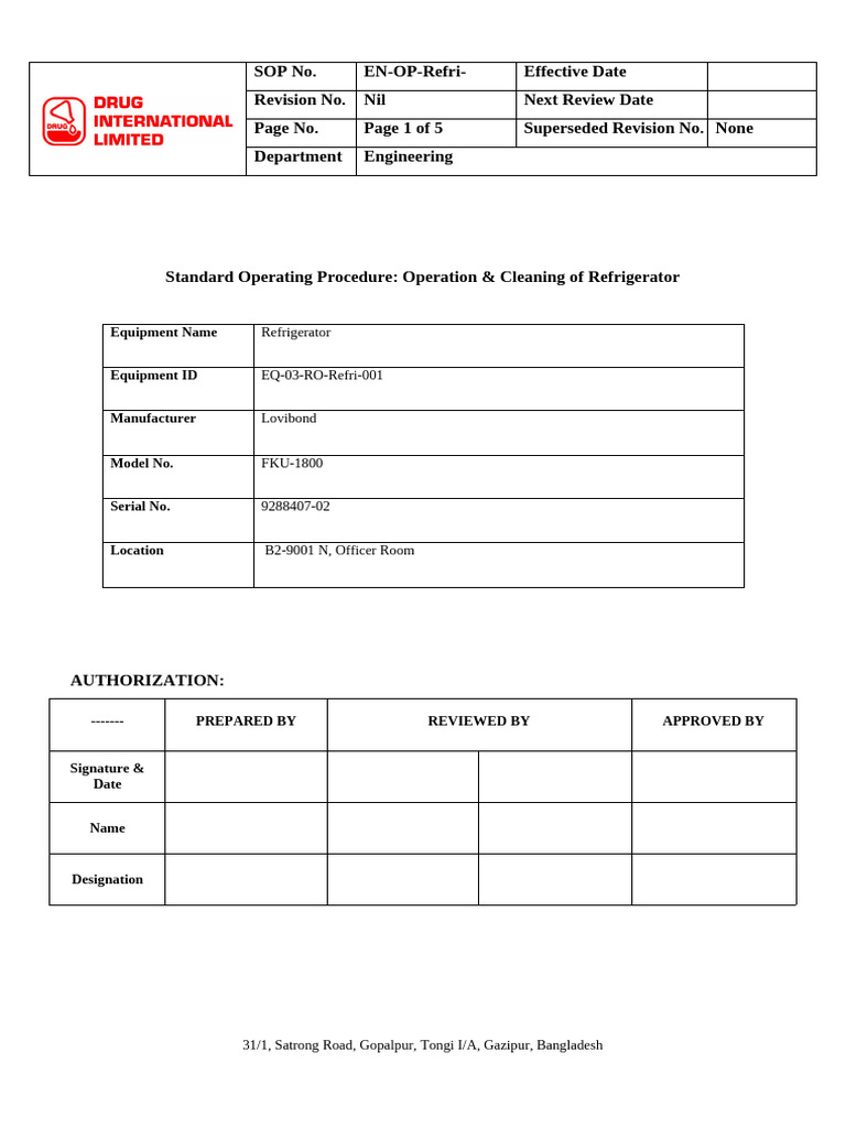 Refrigerator Operation and Cleaning SOP | PDF | Refrigerator ...